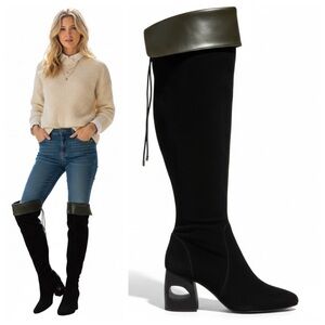 Halston H NEW Sydney Suede Leather Tall Over  Knee Boots Chunky Heel Black 7.5